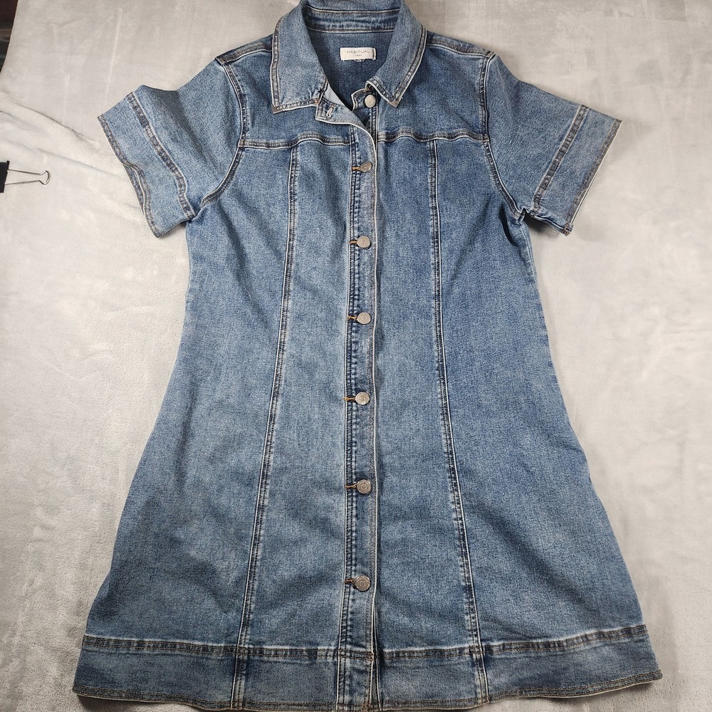 Habitual Blue Denim Jean Dress L Short Sleeve‎ Knee Length Western Retro Boho